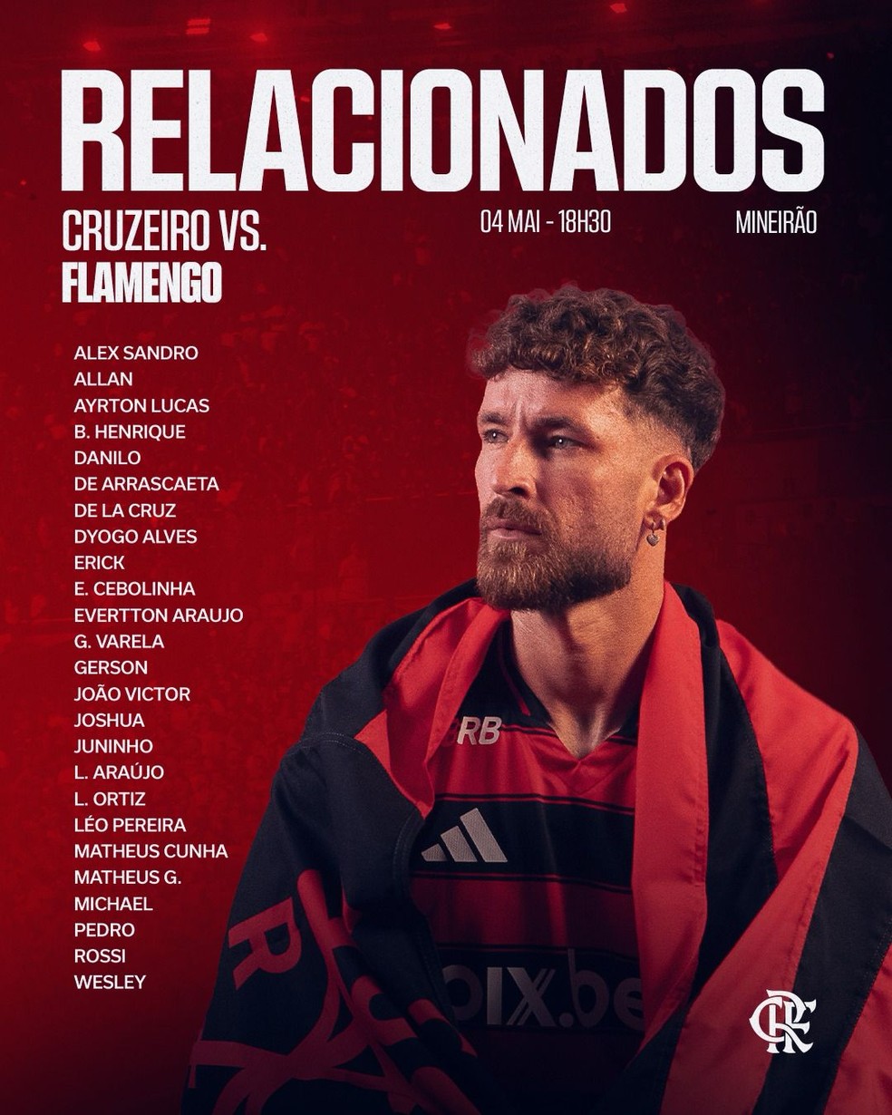 Flamengo contra o Cruzeiro; veja relacionados e provável escalação.